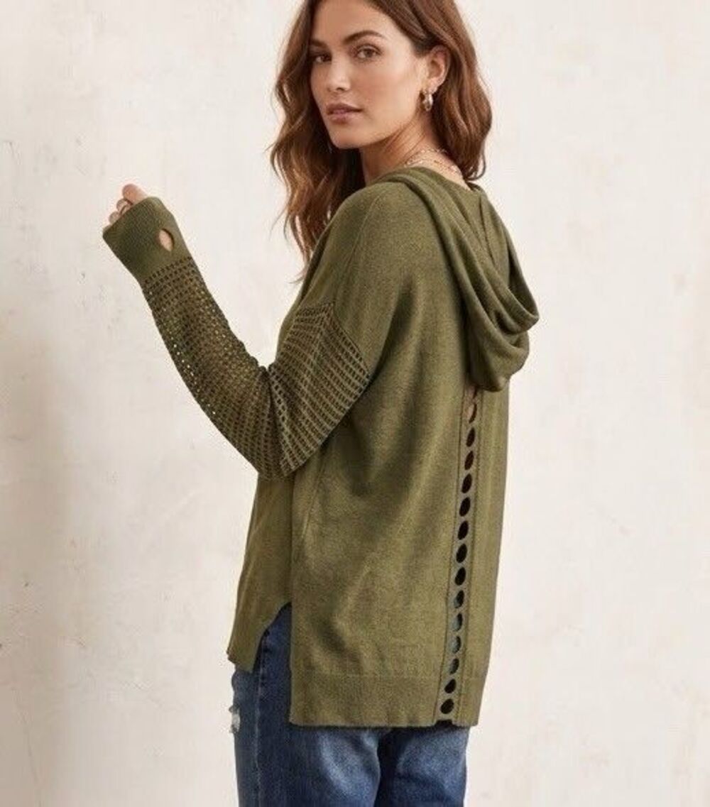 Boho Olive Green Open Knit Crochet Sleeve Hooded Sweater Cutout Back Thumbhole M